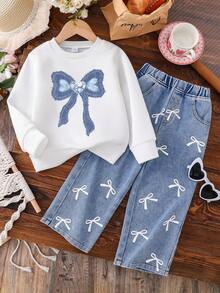 Toddler Bow Decor Warm Crew Neck Sweatshirt And Denim Pants Set - White - View 3