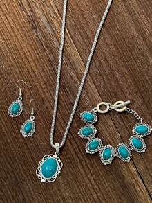 1 套复古波西米亚风格绿松石花卉几何图案首饰套装：2 件耳环、1 件手链、1 件项链，适合女士和女孩，适合约会、聚会、派对、度假、日常佩戴 - 彩色 - 查看 3