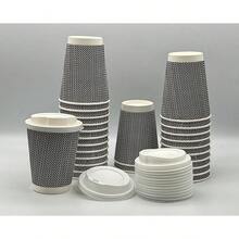 HOT BARGAINS 100 X 8oz / 230ml Disposable Coffee Cups With Lids Leak Proof Triple Layered Ripple Paper Cups Takeaway Cups For Hot And Cold Drinks - 黑色 - 查看 4