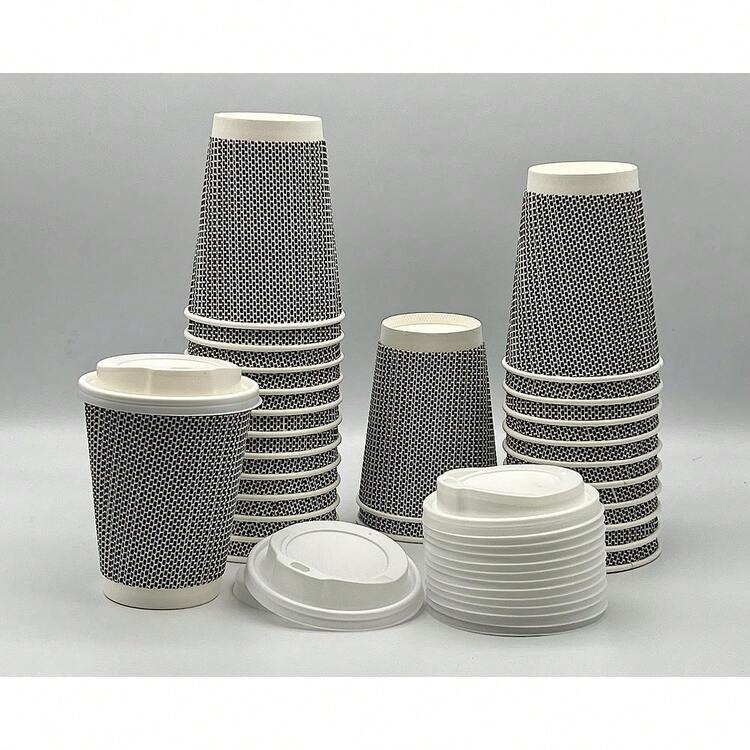 HOT BARGAINS 100 X 8oz / 230ml Disposable Coffee Cups With Lids Leak Proof Triple Layered Ripple Paper Cups Takeaway Cups For Hot And Cold Drinks - Black - View 4