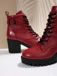 Autumn New Design Boots For Women, Plus Size Round Toe Lace-Up Red Leather Ankle Boots, Fashion Versatile Mid-Heel Chunky Heel Waterproof Platform Riding Boots - Red - View 4