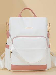 Women's Patchwork Contrast Color Casual Large Capacity Backpack, Minimalist Versatile Shoulder Bag, Student Backpack, Mommy Bag, Commuter Bag, Suitable For Travel, Student Design, Elegant Elegant, With Pom-Pom Pendant - Pink - View 5