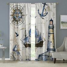 2PCS Antique Marine Theme T Curtain Panels-2pcs Marine Sailboat, Seagull, Lighthouse And Compass Printed On Wood Grain Background-Rod Pocket Polyester Curtain For Living Room, Bedroom, Kitchen-Machine Washable - Multicolor - View 4