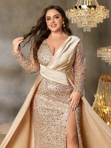 Elisanya Curve Plus Women's V-Neck Long Sleeve High Slit Fishtail Formal Evening Gown | Elegant Design - Champagne - View 6