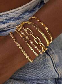 6pcs Metal Chain Bracelet Set For Women, Includes Faux Pearl, Snake Chain, Twisted Chain, Flat Round Disc Design Chunky Fashion Jewelry, Elegant Retro Style, Suitable For Holiday, Party, Gift, Daily Wear (Flat Beads & Faux Pearl Quantity Random)