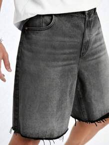 欧美青少年男士黑色磨边毛边休闲风修身直筒牛仔短裤