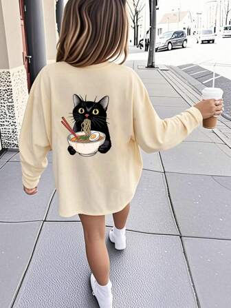 Tween Girl Funny Graphic Print Crew Neck Long Sleeve T-Shirt, Autumn/Winter Top