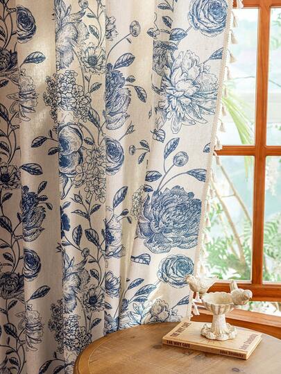 1 件蓝色花卉印花窗帘，优雅复古薄纱窗帘，杆袋，流苏装饰，房间隔断，厨房短窗帘，可水洗，适用于卧室、派对、酒店、厨房、餐厅、客厅、节日装饰，所有季节，秋季，感恩节