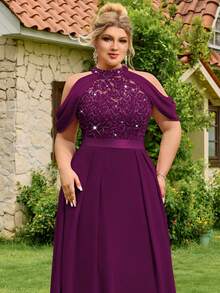 Đầm dạ hội cỡ lớn bằng chiffon đính sequin, ren hoa, khoét vai, thích hợp cho dạ hội, lễ tốt nghiệp, đám cưới, tiệc sinh nhật mùa hè thanh lịch. - Màu Tím - Xem 8