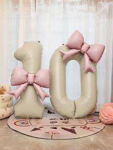 2个40英寸特大号米白色数字铝箔气球，带粉色蝴蝶结，适合生日派对装饰、周年庆典等场合。 - 奶油白 - 查看 4