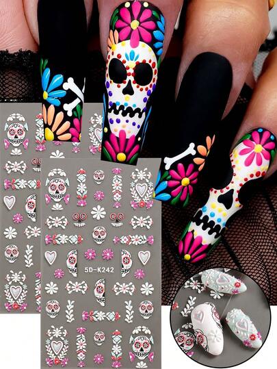 Halloween 5D Embossed Nail Art Stickers - White And Pink Skull And Floral Pattern, Self-Adhesive, Formaldehyde-Free, Perfect For DIY Nail Art