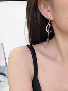 女士优雅蓝色水钻泪珠月亮流苏不对称长耳环