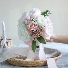 Dusty Blue Wedding Bouquets For Bride Bridesmaid, White Wedding Artificial Roses Flowers For Wedding Bouquets Ceremony, Anniversary - Blush Pink & Ivory - View 1