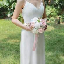 Dusty Blue Wedding Bouquets For Bride Bridesmaid, White Wedding Artificial Roses Flowers For Wedding Bouquets Ceremony, Anniversary - Dusty Rose & Blush - View 4