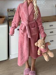 1pc Women Plush Fluffy Robe, Minimalist Elegant, Warm & Comfortable For Autumn/Winter, Fall, Cozy Outfit - Dusty Pink - View 6