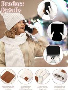 Halloween Decor Winter Beanie Hat Scarf Gloves Set, Fleece Lined Beanie Pom Long Scarf Neck Warmer Touchscreen Gloves Women Men - Beige - View 10