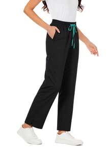 cimmuovere Women's Solid Color Casual Pants With Multiple Pockets, Side Slit, Contrast Color Waistband, Suitable For Scrubs, Nurse Uniforms, Workwear, Dentist, Healthcare, Pet Hospital, Laboratory Spring Black - Black - View 9