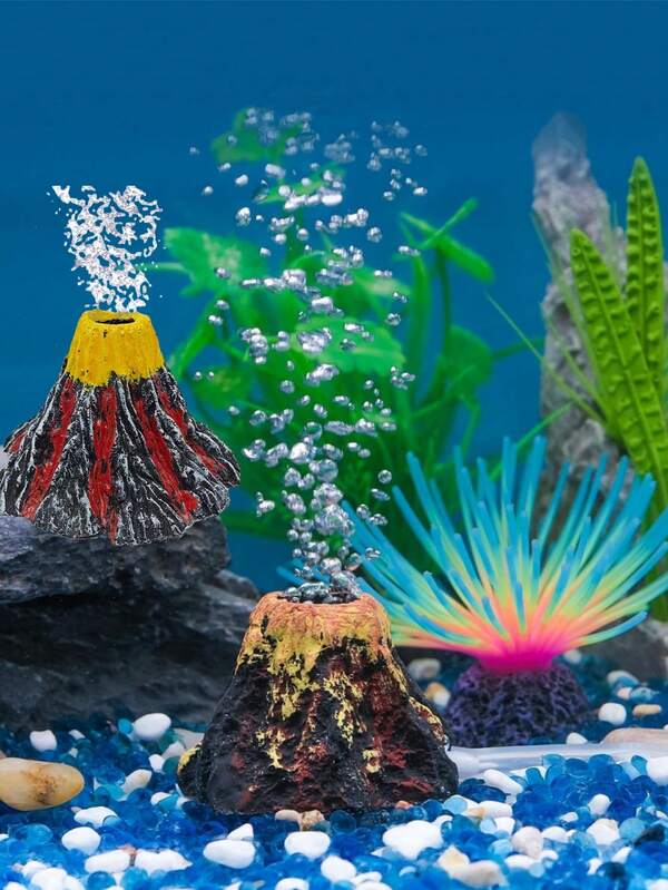 水族箱火山装饰套件，水族箱鱼缸玻璃容器造景逼真的山脉，配有气石增氧器气管配件，用于供氧