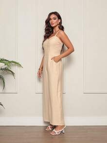 Women's Wide Leg Jumpsuit With Adjustable Straps, Fitted, And Elastic Waist. Casual Chic Style. - 米色 - 查看 3
