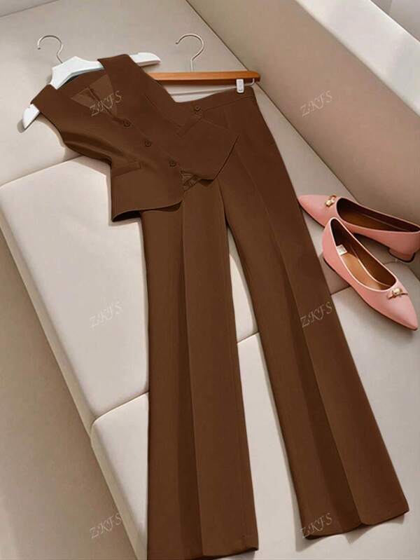 2pcs/1set Women's Solid Color Single - Breasted Vest & Dress Pants Elegant Business Suit