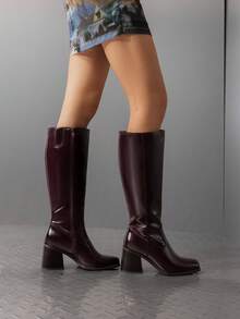 Women's Square Toe Knee High Boots Chunky Heel Side Zipper  Classic Solid Color Fashionable Y2K Party Tall Boots - Màu Đỏ Sâu - Xem 4