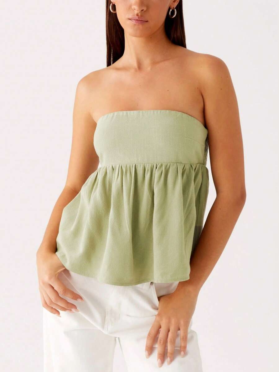 Women Summer Flowy Tube Top Y2k Solid Color Strapless Off The Shoulder Loose Fit Babydoll Bandeau Crop Tops Backless Sleeveless Going Out Tops Vests Shirts Casual Streetwear - 綠色 - 查看 1
