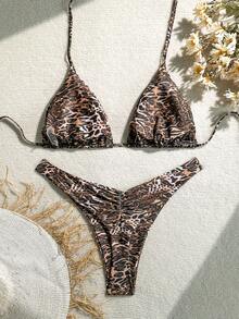 豹纹加大码挂脖比基尼，丁字裤底，高弹力泳衣，女士休闲性感款 - 銅色 - 查看 2