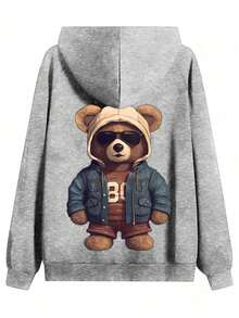 1件装 青少年男童宽松休闲运动百搭小熊印花连帽卫衣外套，秋冬季 - 灰色 - 查看 3