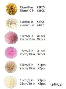 12pcs/Set Gold Tone Paper Flower & Honeycomb Ball Party Backdrop Decoration,Diy Birthday, Spring, Baby Shower, Wedding Paper Flower Decoration, Back To School Valentine Day