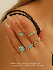 Bộ 5 chiếc nhẫn khảm ngọc lam giả cổ điển, nhẫn kim loại hợp kim kẽm có thể điều chỉnh dành cho nữ - Bộ nhẫn - Xem 3