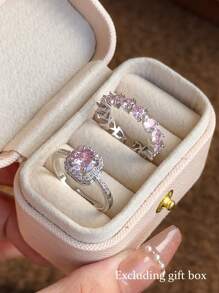 2pcs Elegant Geometric Square Pink Heart Sparkling Cubic Zirconia Unique Elegant Party, Holiday, Wedding Wear Open Copper Ring Set For Women