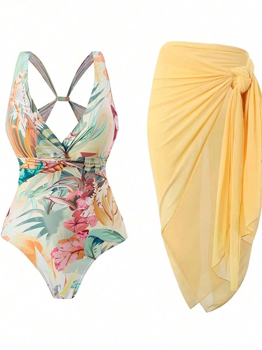 One Piece Swimsuit Women With Cover Up Set Retro Bathing Suit For Women Tummy Control Beach Wrap Skirt - Màu be - Xem 1