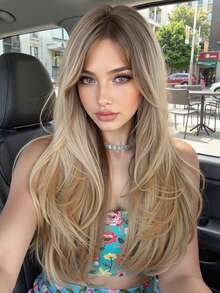 金色刘海长卷发假发，女士合成假发，深色发根，适合日常、派对、角色扮演（请注意佩戴和保养方式，由于拍摄时的光线和角度原因，实际产品颜色可能与图片略有差异。） - 金色 - 查看 10