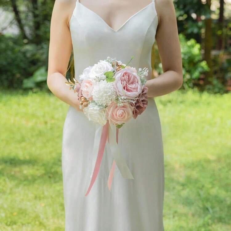 Dusty Blue Wedding Bouquets For Bride Bridesmaid, White Wedding Artificial Roses Flowers For Wedding Bouquets Ceremony, Anniversary - Dusty Rose & Blush - View 3