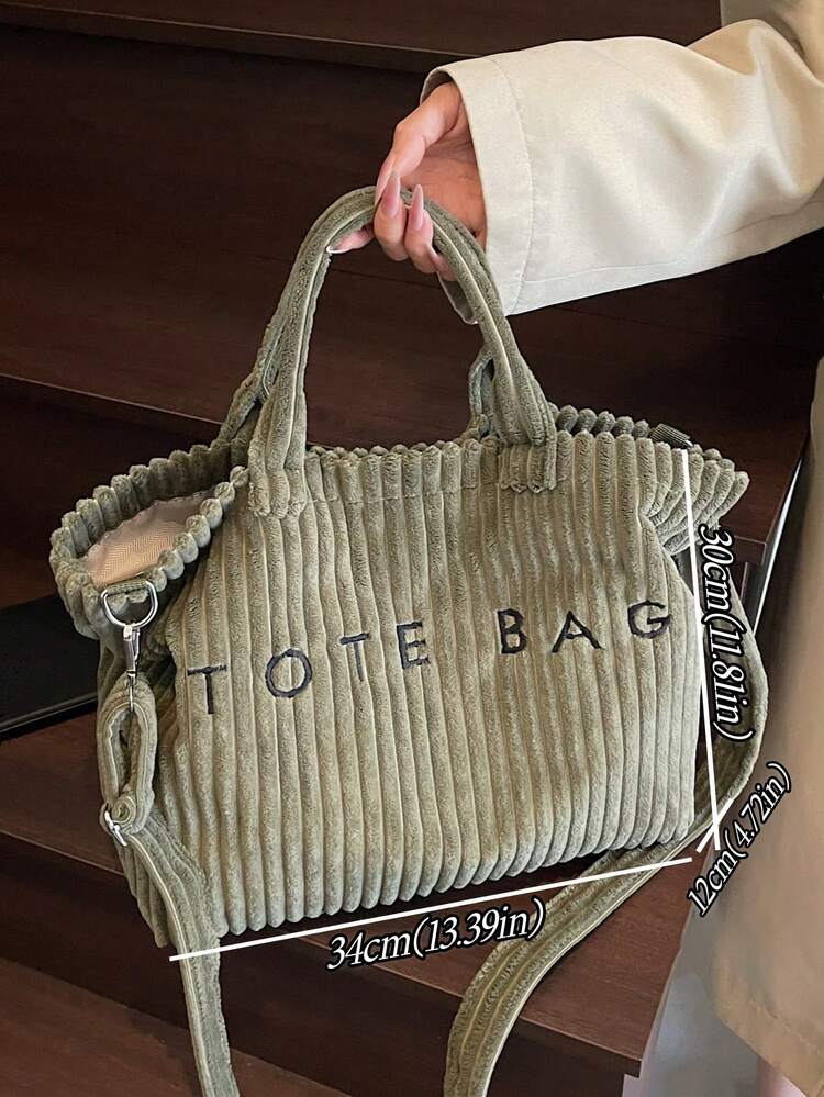 Bolso de hombro elegante de mujer con estampado de letras, de material de pana, de estilo retro europeo - Verde - Añade 2