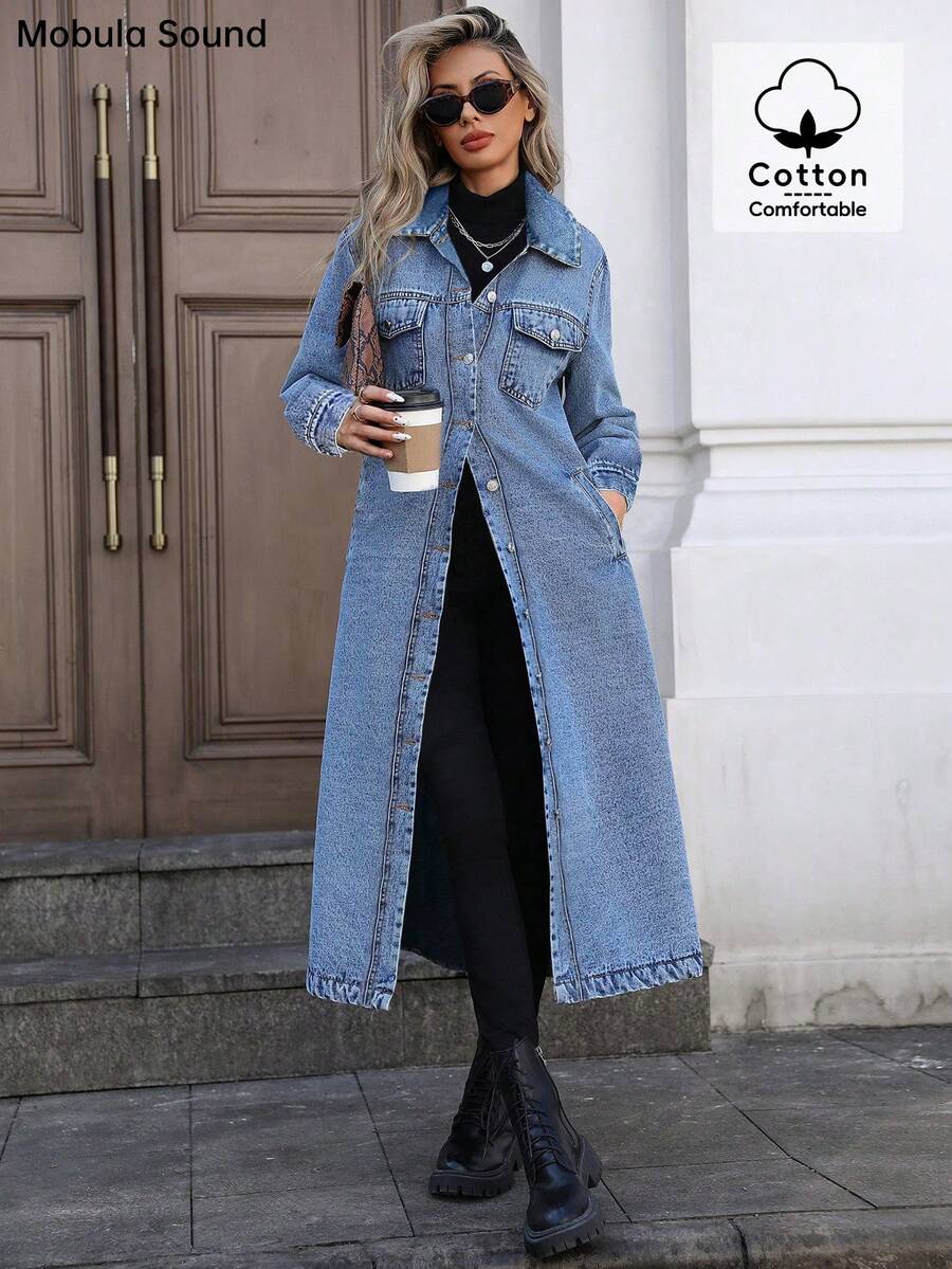 Mobula Sound# Casual Fashionable Spring/Summer/Autumn Versatile Elegant Student Y2K Style Long Denim Jacket - Blue - View 1