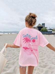 Magliette da ragazza con stampe di vedute sul mare e slogan, t-shirt a maniche corte, top estivi da ragazza con scollo rotondo, adatti per scuola, vacanze e outfit da shopping