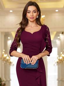 MIUSOL Đầm ôm body dự tiệc cocktail cổ tim ren hoa tương phản cổ điển, tay áo 3/4, viền bèo nhún, đầm bút chì, đầm công sở, đầm mặc đi làm - Màu Đỏ Sâu - Xem 8