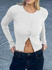 1pc Solid Color Knitted Button Ribbed Long Sleeve Cardigan Top, Suitable For Dates, Holidays, Everyday, Birthday Parties, Singles Parties, Travel, Airport, Early Autumn - White - View 2