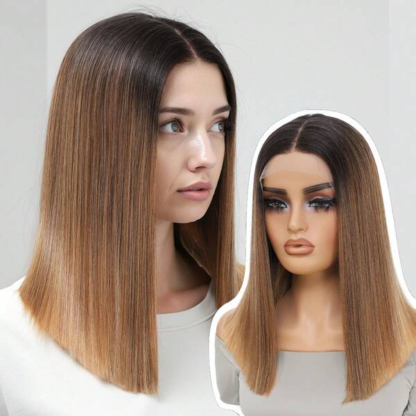 Short Bob Wig 13x4x1 T-Part Glueless Synthetic Lace Front Wig 14 Inch Shoulder Length Straight Bob Wigs No Bangs For Women Summer Daily Party Use