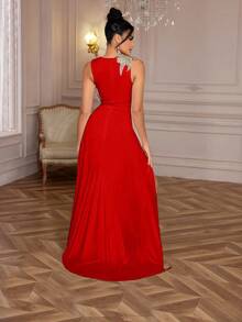 女士优雅奢华3D立体花卉高开衩晚礼服，派对礼服，婚礼宾客礼服，春季正式礼服 - 紅色 - 查看 6