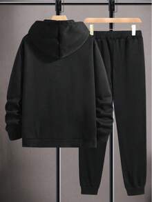 男士运动健身极简印花两件套，秋冬季，黑色拉链连帽衫+紧身裤，公牛图案运动服套装，适合健身房和日常穿着。 - 黑色 - 查看 4