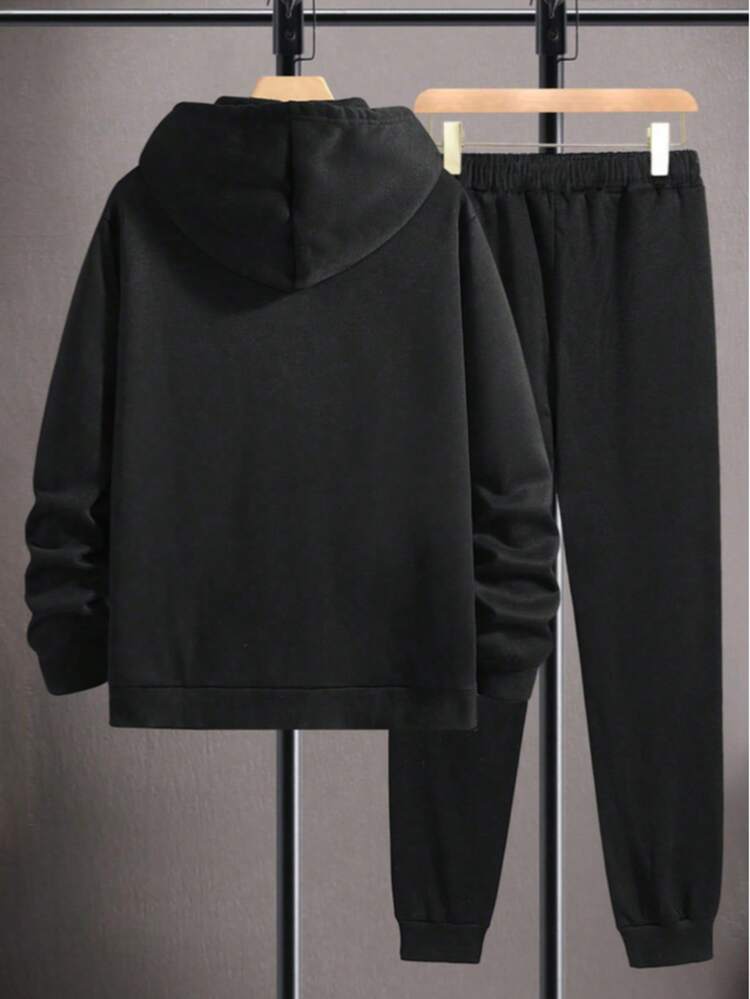 男士运动健身极简印花两件套，秋冬季，黑色拉链连帽衫+紧身裤，公牛图案运动服套装，适合健身房和日常穿着。 - 黑色 - 查看 3