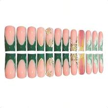 Rectangular Press-On Nails, Green Press-On Nails French Tip False Nails, Gold 3D Butterfly Pattern, Rectangular Press-On Nails, Shiny Artificial Nails, Cute Women's Nail Stickers - 0345 - Kiểu dáng dài-C5C29 - Xem 4