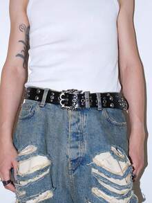 1条朋克复古铆钉腰带，哥特金属扣/朋克月亮星星扣Y2K腰带/时尚简约男士腰带/Y2K土星合金扣男士腰带/黑色皮革男士工装商务腰带，适合日常搭配休闲裤，以及秋季、万圣节、秋冬季配饰，适合青少年、青年、男士，休闲、户外、运动、度假、毕业礼物、生日、日常穿着 - 時尚 - 查看 3