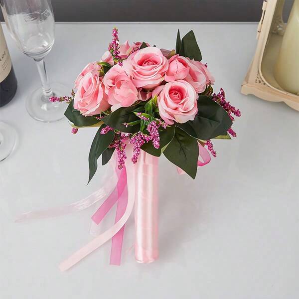 1pc Faux Pink Rose Bridal Bouquet, Suitable For Wedding, Anniversary, Valentine's Day