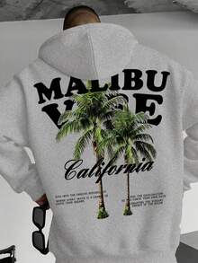 Zrgoth 男士棕榈树印花袋鼠口袋连帽衫，休闲街头风，秋冬款 - 灰色 - 查看 2