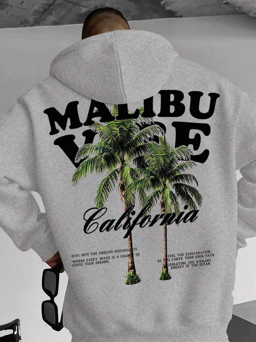 Zrgoth 男士棕榈树印花袋鼠口袋连帽衫，休闲街头风，秋冬款