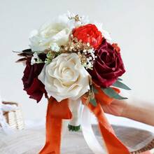 Dusty Blue Wedding Bouquets For Bride Bridesmaid, White Wedding Artificial Roses Flowers For Wedding Bouquets Ceremony, Anniversary - Burnt Orange & Burgundy & Cream - View 2