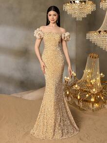 Alisa&Leo Teen Girls' Sequin Off-Shoulder Evening Dress With Ruffled Tulle Sleeves - Elegant Fish-Tail Formal Dress For Spring Summer | Graduate Parties, Coming Of Age Ceremony - Champagne - View 3